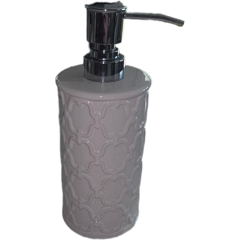 White Ceramic Soap Dispenser Embossed Trellis Pattern Chrome Pump Bathroom Decor